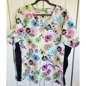 Greentown 2X Scrub Top Plus Size Women’s Multi Color Slimming V-Neck‎  Floral